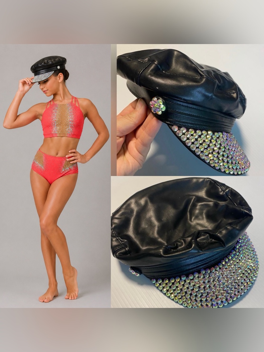 Rhinestone Faux Leather Newsboy Hat Dance Costume Accessory Black AB Crystal
